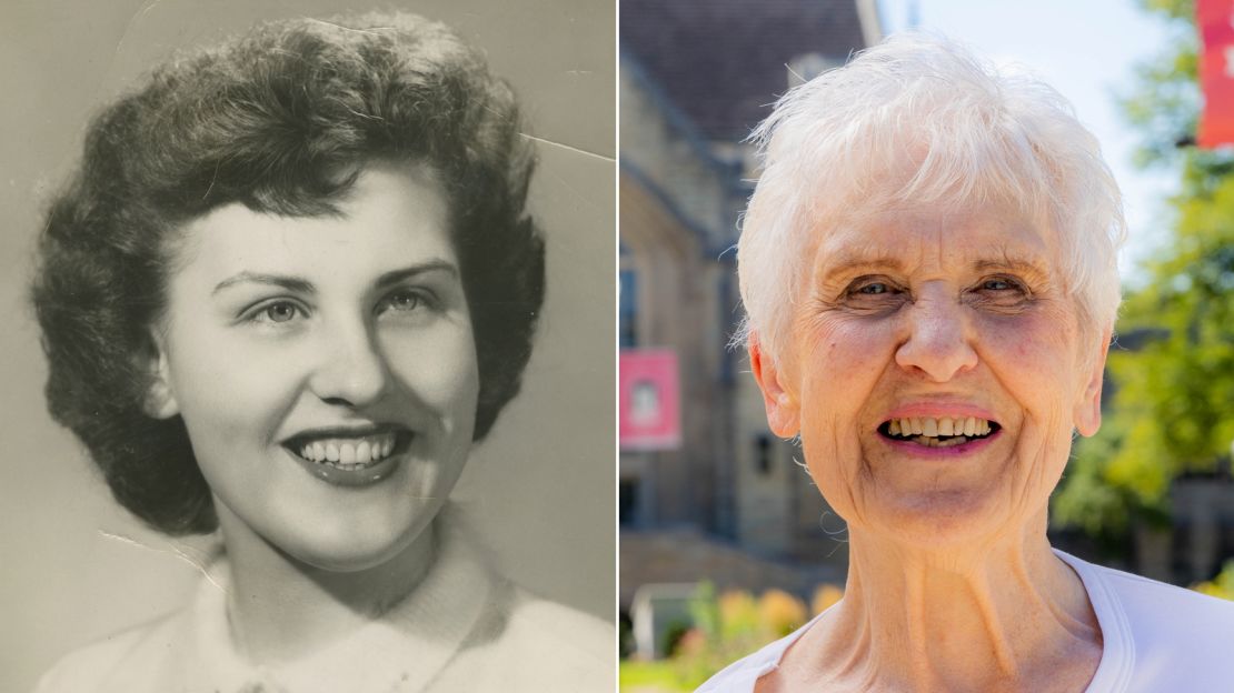 Joyce DeFauw's senior photograph from 1955, left, and the when she visited campus in August 2022.