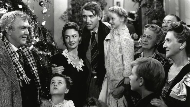 "It's A Wonderful Life" was released in 1946 before finding a home on our TV screens. From left: Thomas Mitchell,  Carol Coombs,  Donna Reed,  James Stewart,  Jimmy Hawkins,  Karolyn Grimes,  Larry Simms