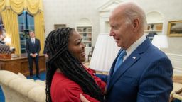 President Joe Biden meets Cherelle Griner about the release ofher wife  Brittney Griner, Thursday, December 8, 2022, in the Oval Office. 