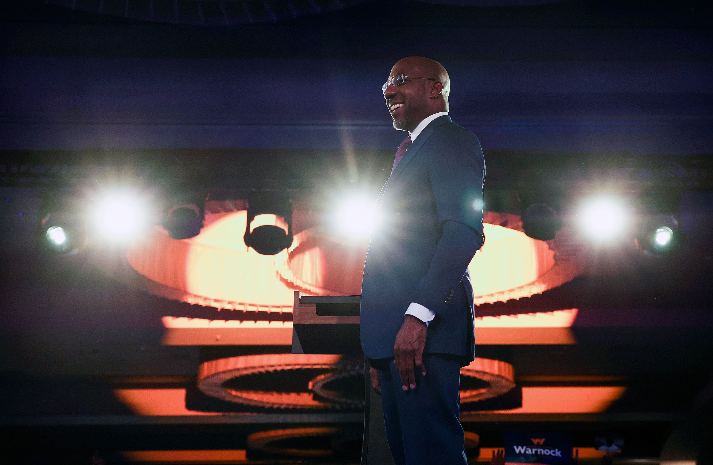 US Sen. Raphael Warnock speaks at his election night party in Atlanta after he was projected to win the Senate runoff in Georgia on Tuesday, December 6.