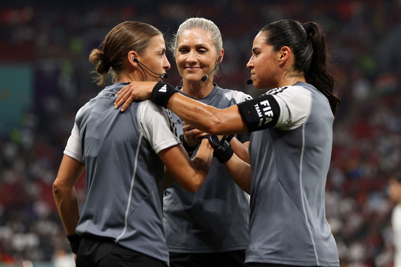 From left, referees Stéphanie Frappart, Neuza Back and Karen Diaz shake hands prior to a World Cup match between Costa Rica and Germany on Thursday, December 1. Frappart, who led the <a href=