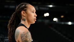 A close up shot of Brittney Griner #42 of the Phoenix Mercury at practice and media availability during the 2021 WNBA Finals on October 11, 2021 at Footprint Center in Phoenix, Arizona.