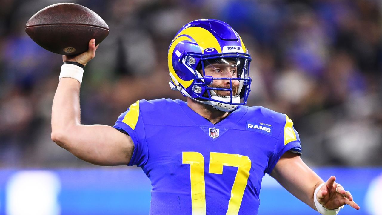 Baker Mayfield throws a pass during the game between the Las Vegas Raiders and the Los Angeles Rams on December 8 at SoFi Stadium in Inglewood, CA.