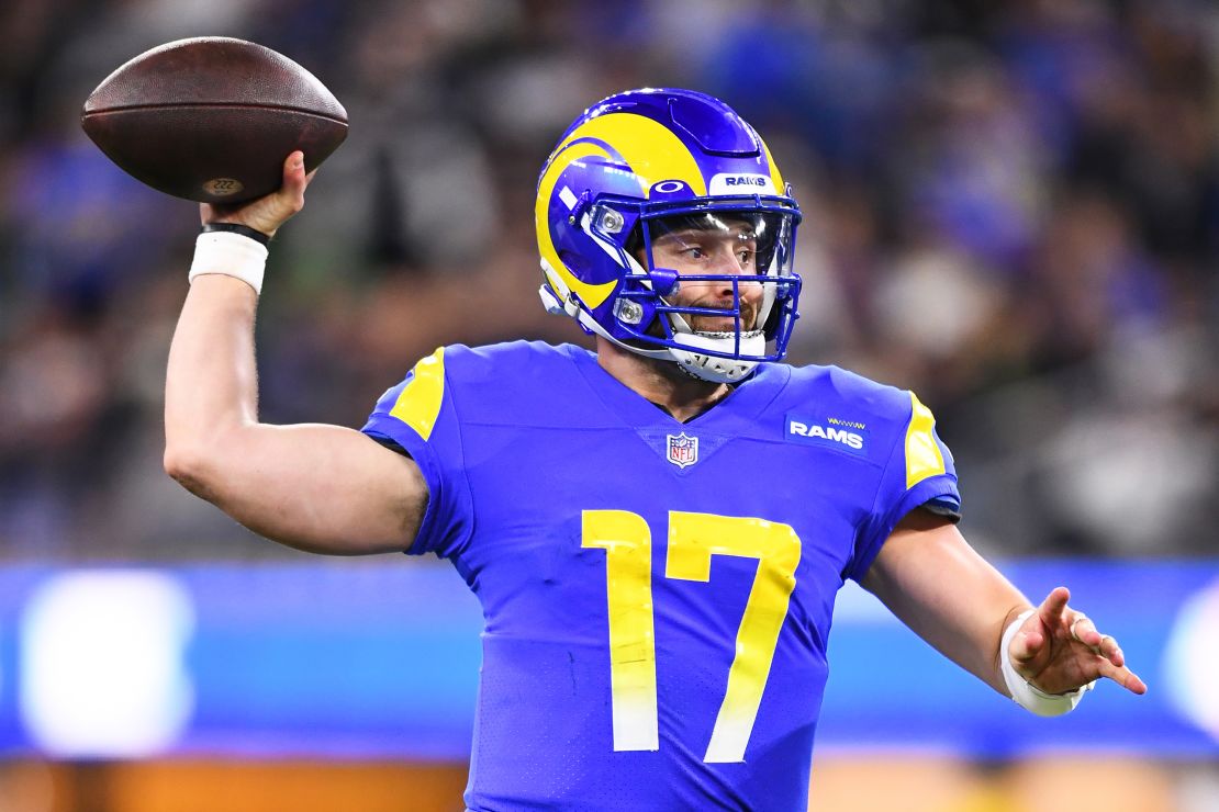 Baker Mayfield throws a pass during the game between the Las Vegas Raiders and the Los Angeles Rams on December 8 at SoFi Stadium in Inglewood, CA.