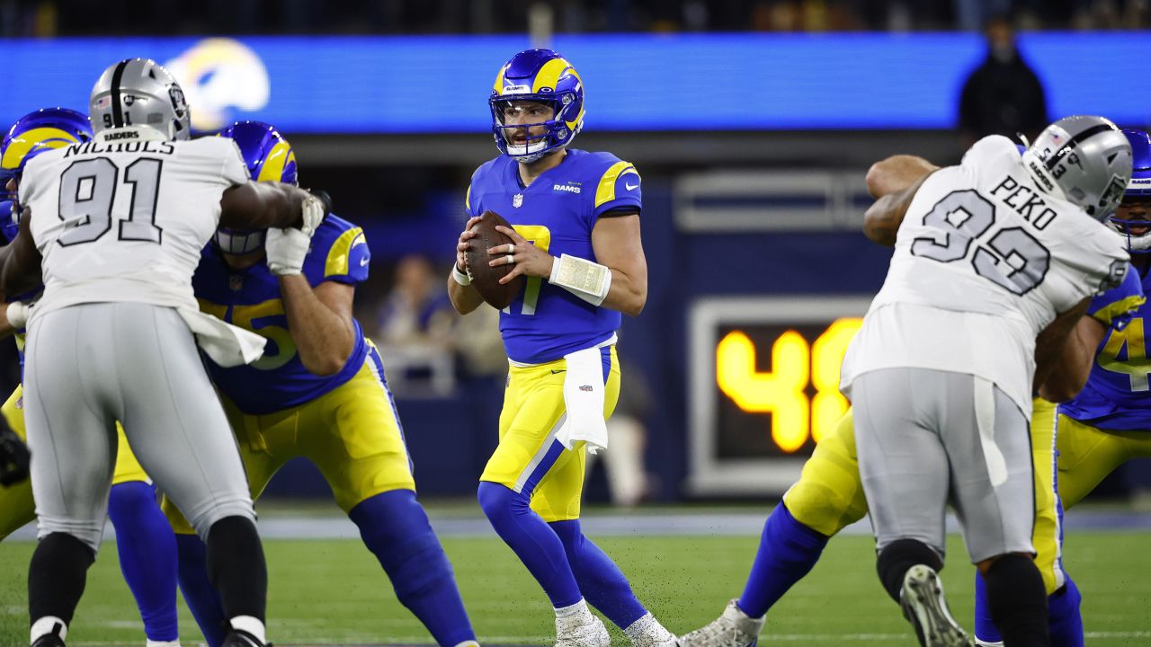Los Angeles Rams quarterback Baker Mayfield looks to pass against the Las Vegas Raiders during the first quarter of Thursday night's game.