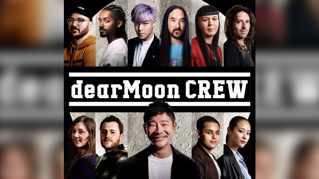 The Dear Moon mission crew includes (clockwise from top left): Tim Dodd, Yemi A.D., Choi Seung Hyun, Steve Aoki, Rhiannon Adam, Karim Iliya, Miyu (backup), Dev Joshi, Yusaku Maezawa, Brendan Hall and Kaitlyn Farrington (backup). (Courtesy dearMoon)