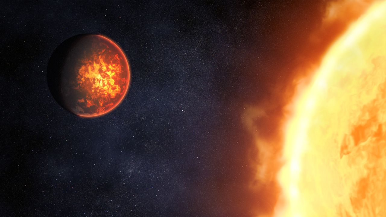 An artist's illustration shows 55 Cancri e, an exoplanet made of molten lava, that closely orbits its star.