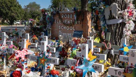 The memorial for the massacre at Robb Elementary School on June 24, 2022 in Uvalde, Texas.