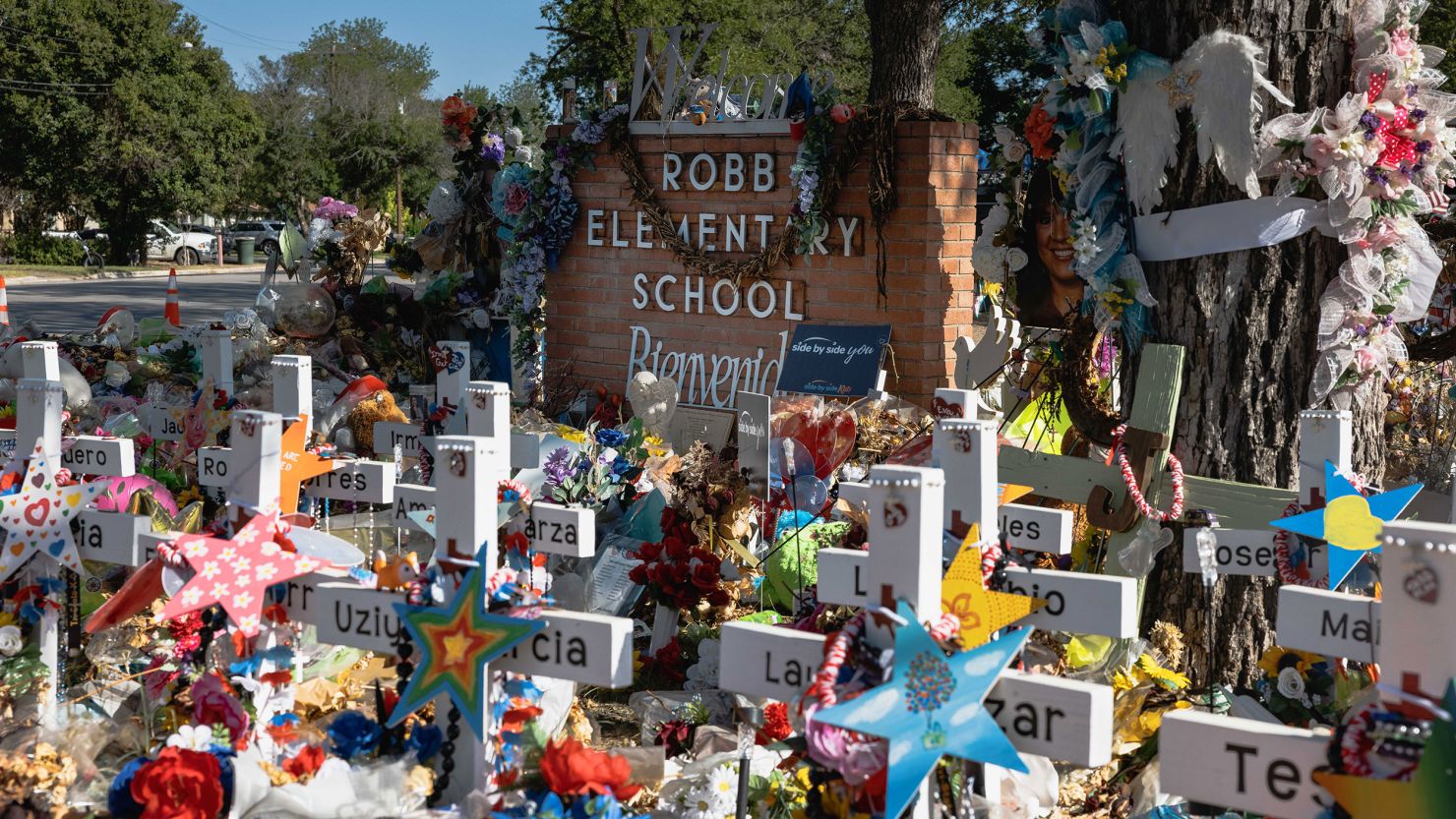 UVALDE, TX - JUNE 24: The memorial for the massacre at Robb Elementary School on June 24, 2022 in Uvalde, Texas. Nearly 300 Uvalde High School seniors received their diplomas one month to the day after nineteen children and two adults were killed at Robb Elementary School after a former student entered the school and barricaded himself in a classroom.  (Photo by Jordan Vonderhaar/Getty Images)