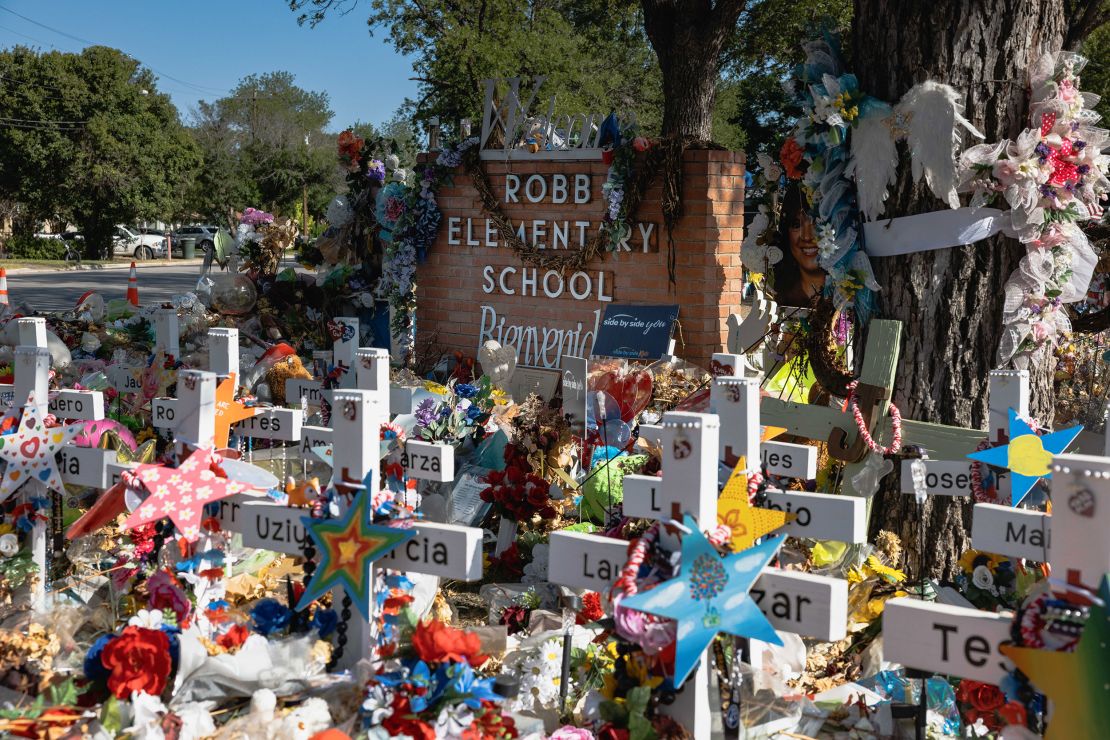 The memorial for the massacre at Robb Elementary School on June 24, 2022 in Uvalde, Texas.