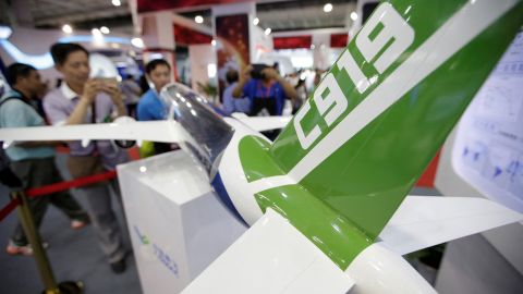 A model of a C919 airliner by Commercial Aircraft Corp of China (COMAC) is displayed at China Beijing International High-tech Expo in Beijing, China June 8, 2017. 