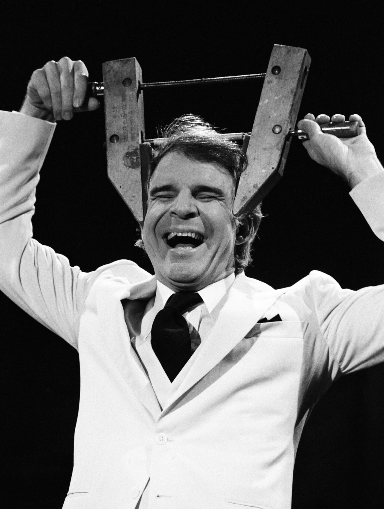 Martin wears a clamp on his head during his monologue in November 1978. 