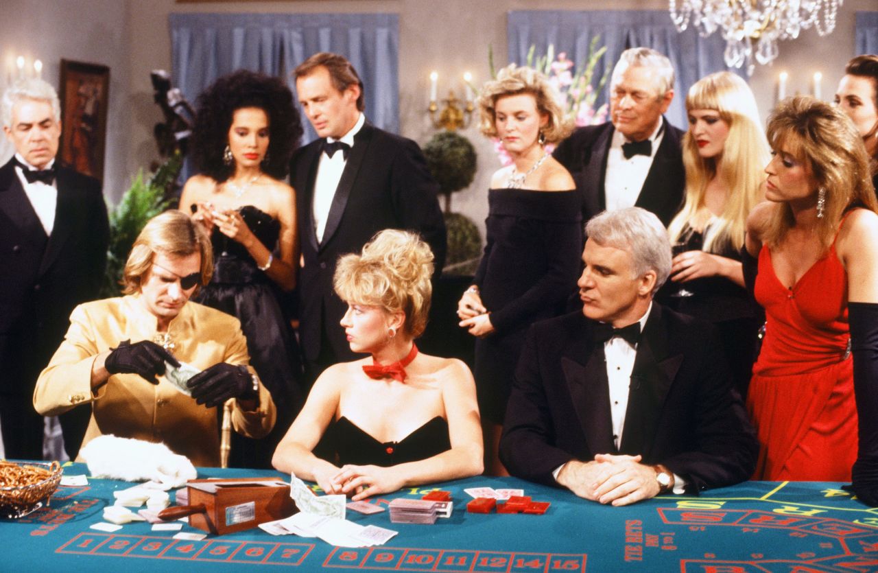 Musician Sting, left, joins Martin for a James Bond skit in 1987.