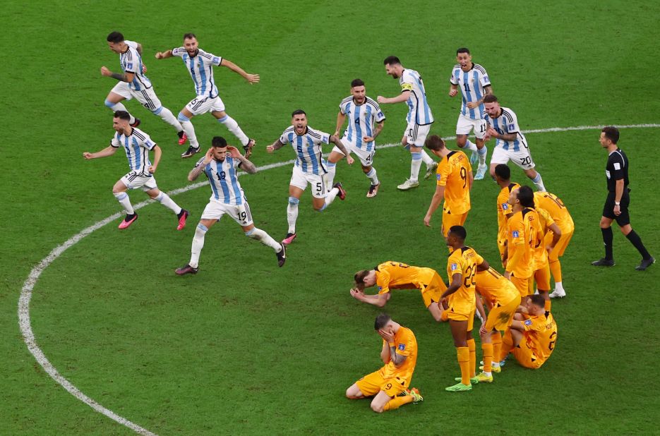 Players from Argentina, top, and the Netherlands react at the end of the penalty shootout that decided their quarterfinal match at the World Cup on December 9. Argentina prevailed on spot kicks after the match ended 2-2.