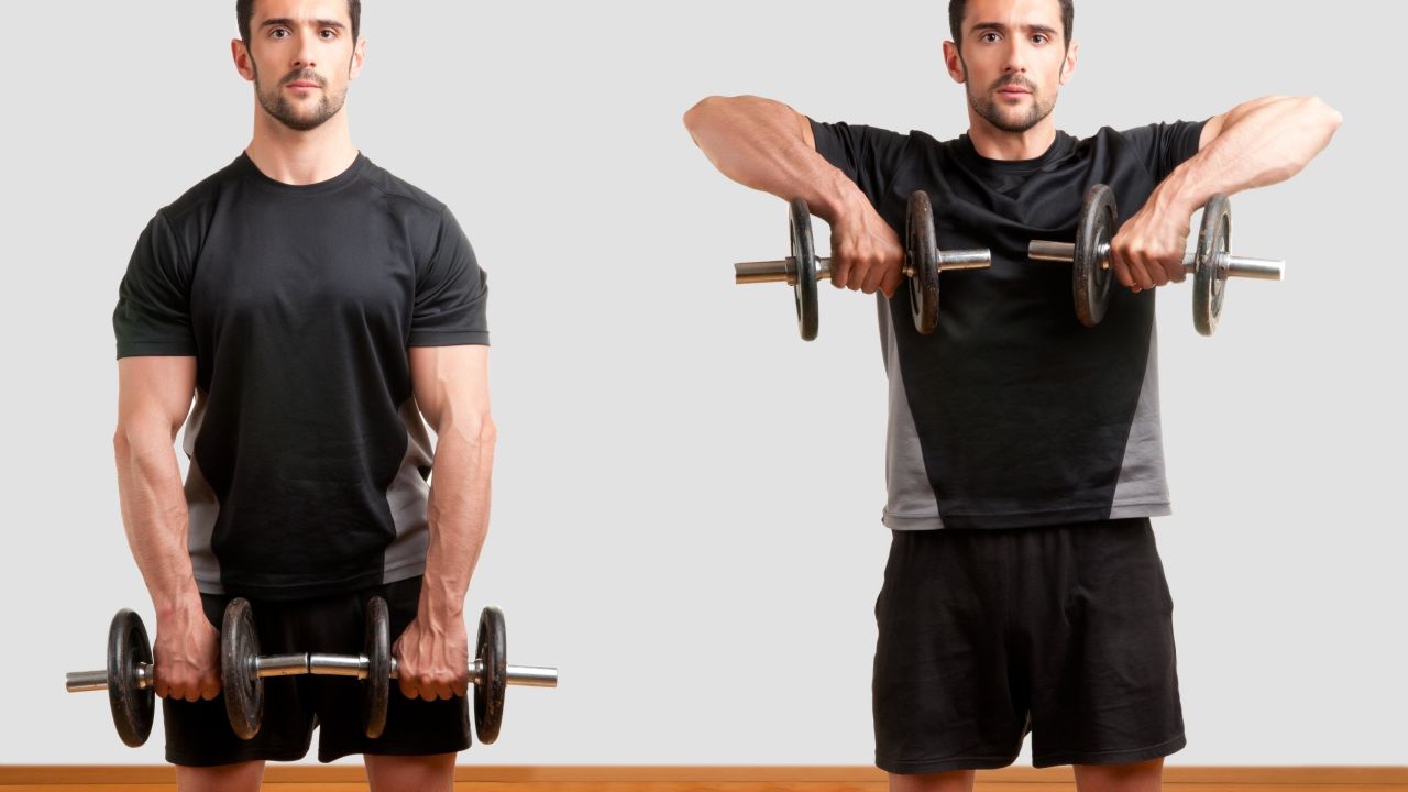 A dumbbell-based exercise strengthens the deltoid muscles.