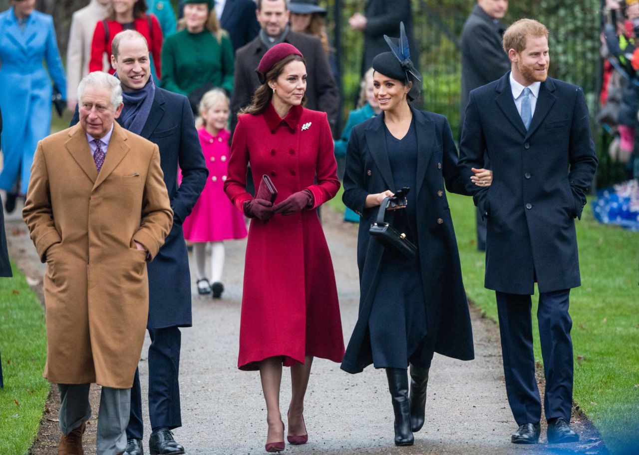 Meghan and Harry attend a Christmas Day church service in December 2018. With them, from left, are Prince Charles; Prince William; and William's wife Catherine, the Duchess of Cambridge. Harry and William are the two sons of Prince Charles and the late Princess Diana.