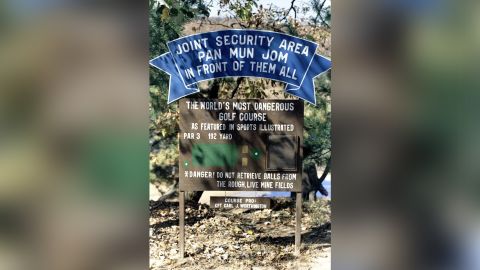 A sign spells out the hazards of playing golf at Camp Bonifas.