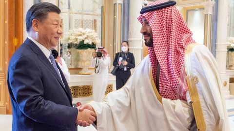 Saudi Crown Prince Mohammed Bin Salman shakes hands with Chinese leader Xi Jinping during the China-Arab summit in Riyadh, Saudi Arabia December 9, 2022. 