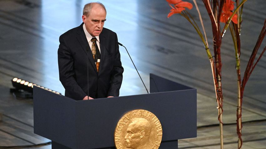 Memorial chairman Yan Rachinsky on behalf of 2022 Nobel Peace Prize winner Russian human rights organisation Memorial delivers a speech during the 2022 Nobel Peace Prize award ceremony at the City Hall in Oslo, Norway, on December 10, 2022.