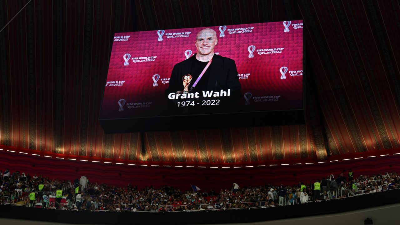 The LED board shows a photo of Grant Wahl prior to the quarterfinal match between England and France. 