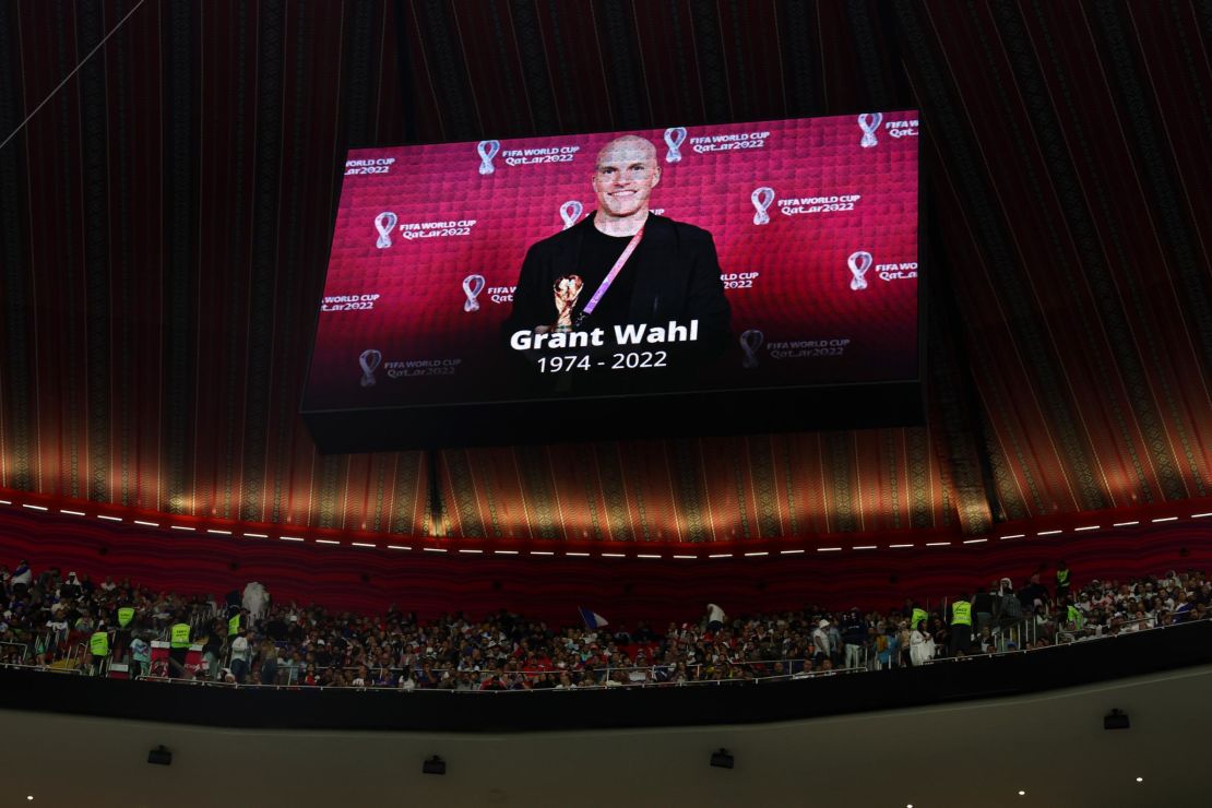 The LED board shows a photo of Grant Wahl prior to the quarterfinal match between England and France. 