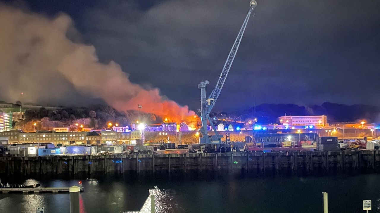 Smoke rises above the scene of an explosion on the British Channel island of Jersey, on Saturday, December 10.