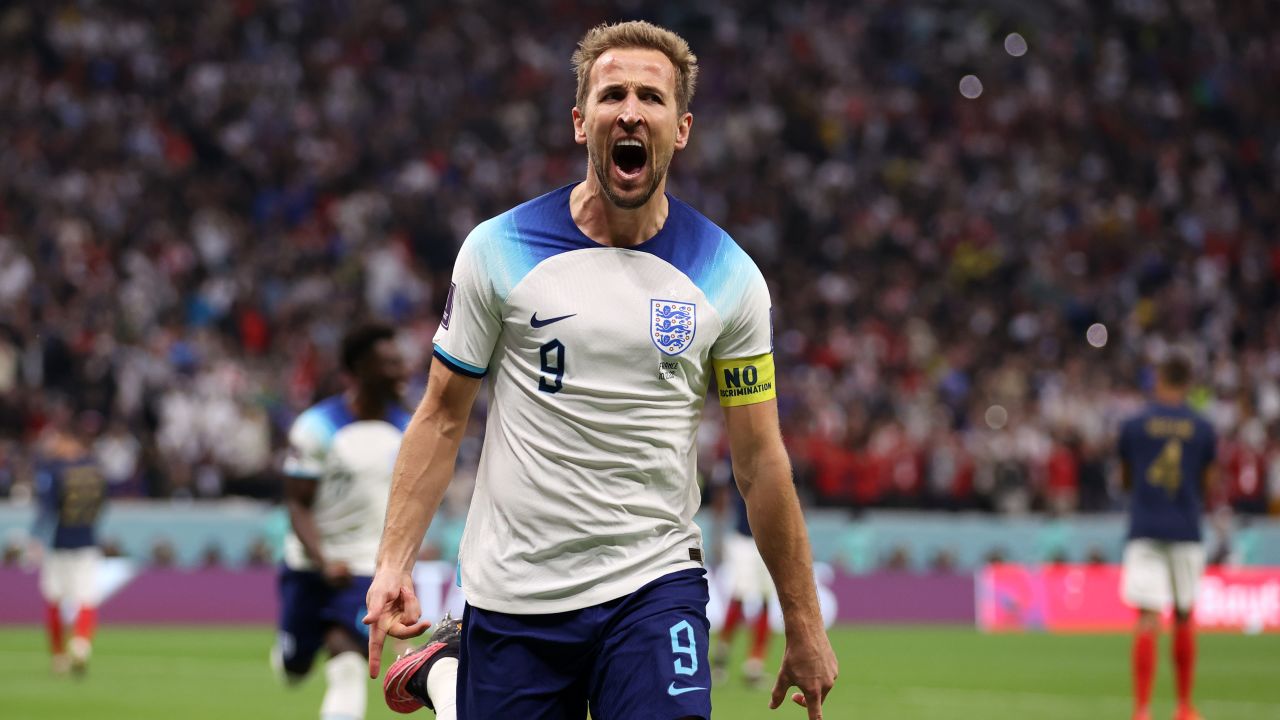 Kane celebrates after scoring for England against France. 
