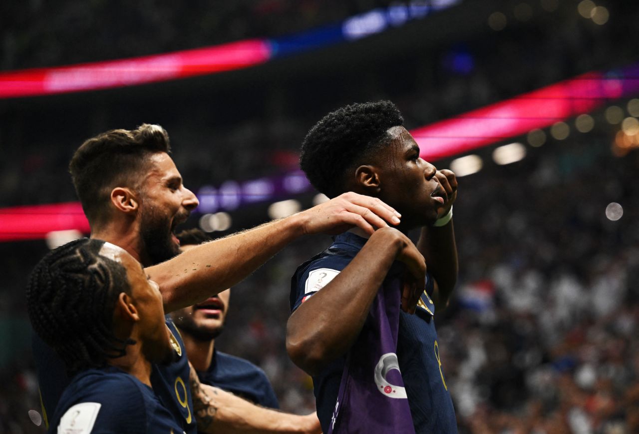 Aurélien Tchouaméni celebrates after scoring France's opening goal against England.