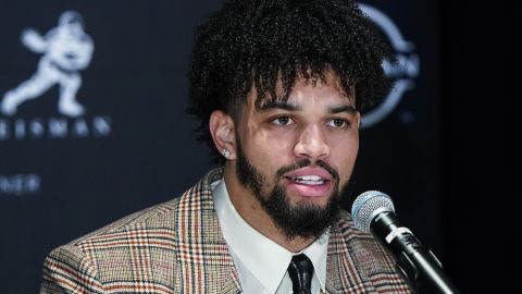 Heisman Trophy winner and Southern California quarterback Caleb Williams speaks before attending the award ceremony on December 10, 2022 in New York. 