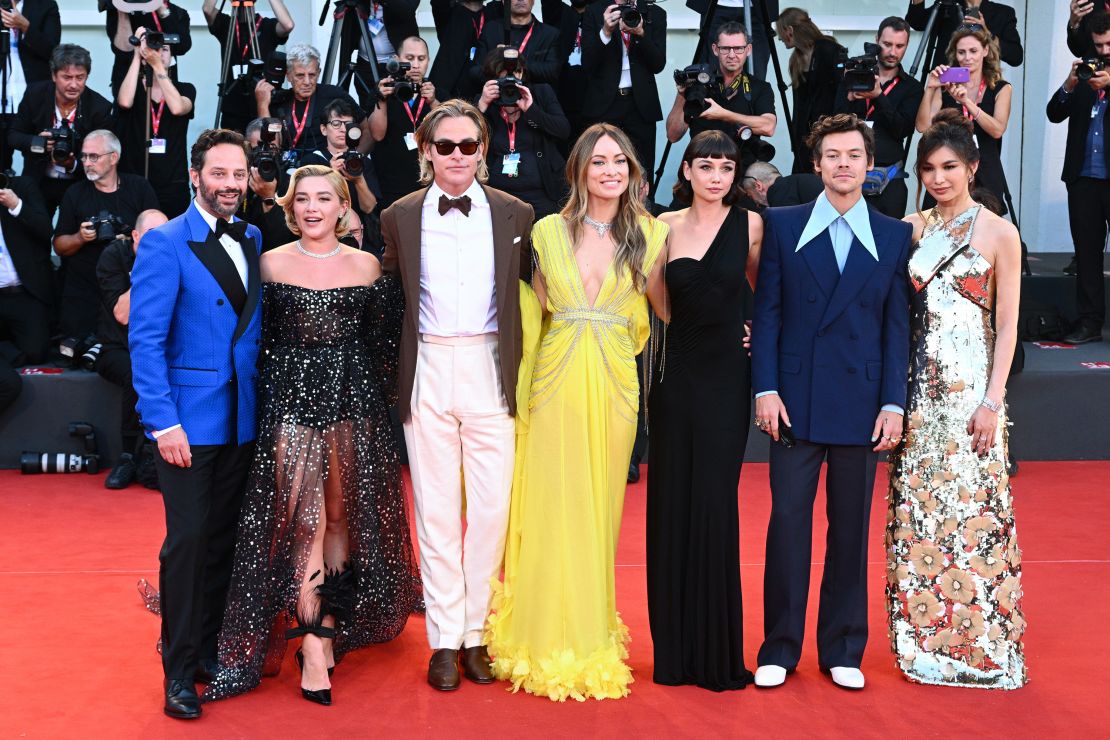 The cast of "Don't Worry Darling," including Florence Pugh (second from left) and Harry Styles (second from right), turned heads at the Venice Film Festival.
