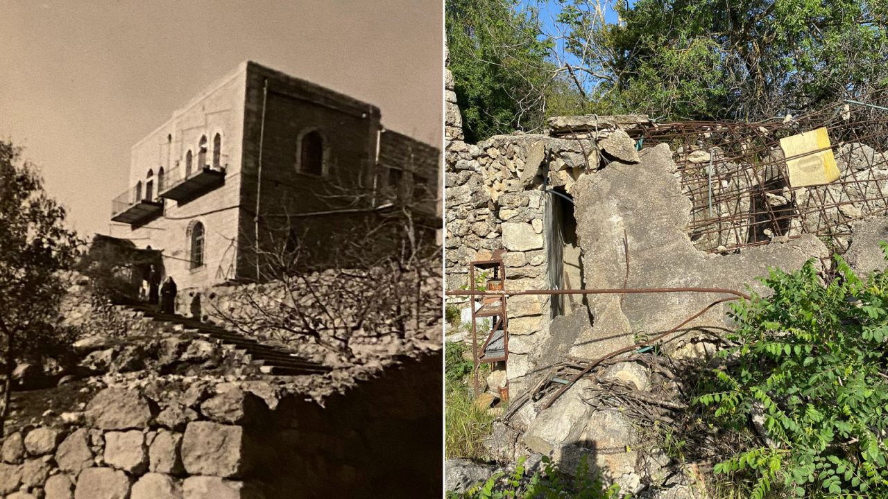 Leila Giries' home in the Palestinian village of Ein Karem before and after it was destroyed in the 1948 war.