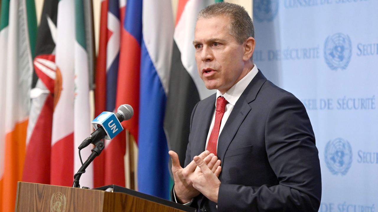 Ambassador Gilad Erdan, Permanent Representative of Israel to the United Nations, speaks during a news conference at UN Headquarters in New York, in April.