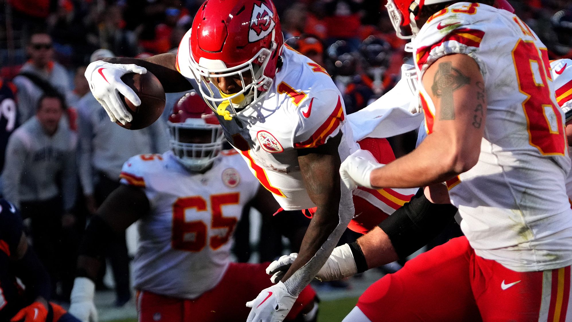 Kansas City Chiefs running back Jerick McKinnon dives for a touchdown against the Denver Broncos on December 11. McKinnon scored two receiving touchdowns in the game, and the Chiefs won 34-28.