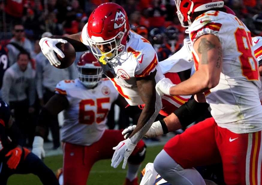 Kansas City Chiefs running back Jerick McKinnon dives for a touchdown against the Denver Broncos on December 11. McKinnon scored two receiving touchdowns in the game, and the Chiefs won 34-28.