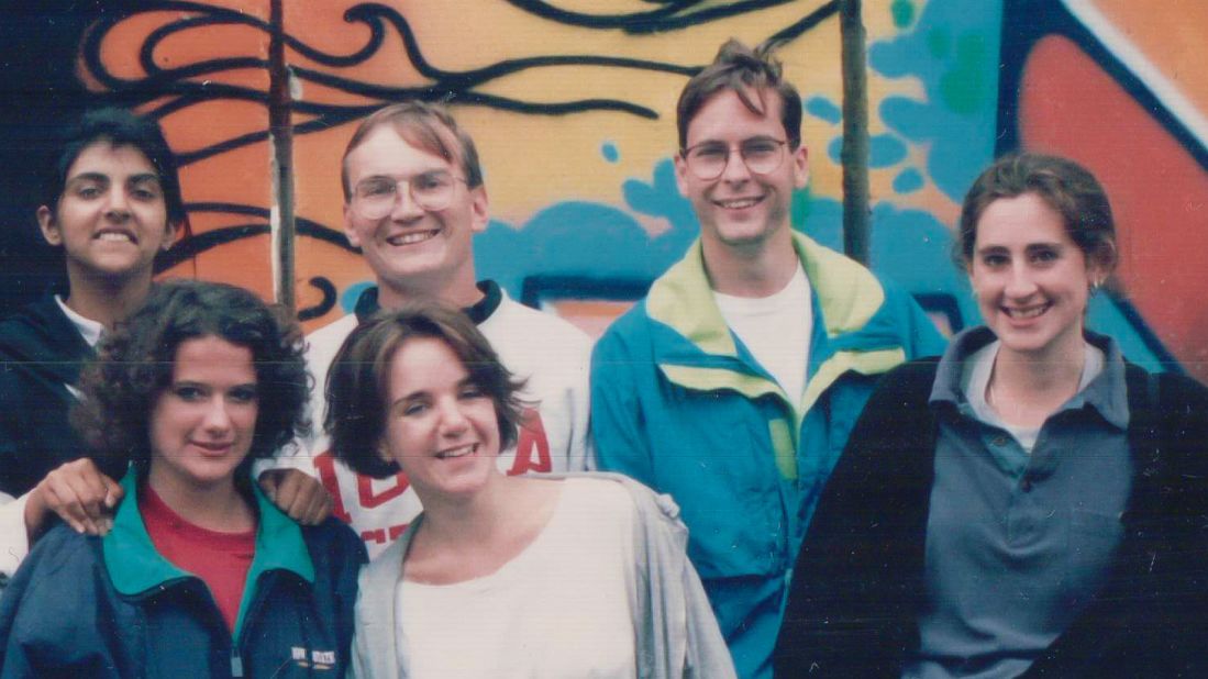 <strong>Chance meeting: </strong>Katy, second from left, was traveling around Europe with friends, while Randy, second from right, was traveling with his brother. After meeting on the train, they all joined forces to explore Berlin, Germany, where they took this photo.