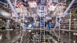 NIF's target chamber is where the magic happens -- temperatures of 100 million degrees and pressures extreme enough to compress the target to densities up to 100 times the density of lead are created there. 