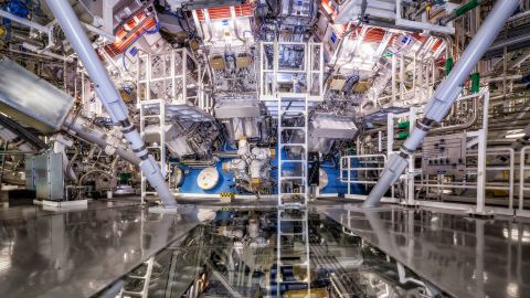 NIF's target chamber is where the magic happens.  Temperatures of 100 million degrees and pressures extreme enough to compress the target to a density up to 100 times that of lead are created there. 