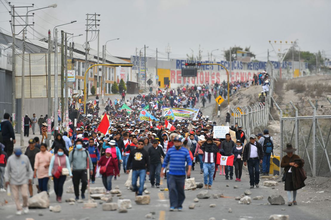 Protestors take over the Pan-American highway in Arequipa, Peru, on December 12, 2022. 