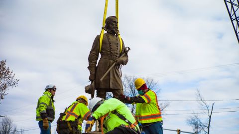 Workers in Richmond, Virginia, prepped the statue of Confederate Gen. A.P. Hill for its removal on Monday.