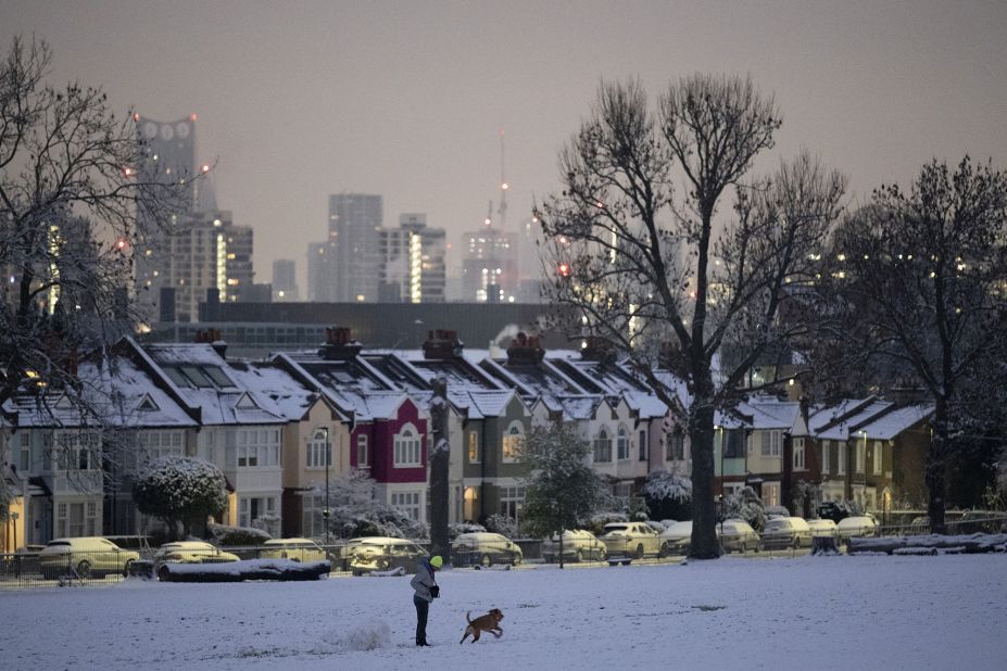 A resident walks their dog after low temperatures and overnight snowfall in south London.