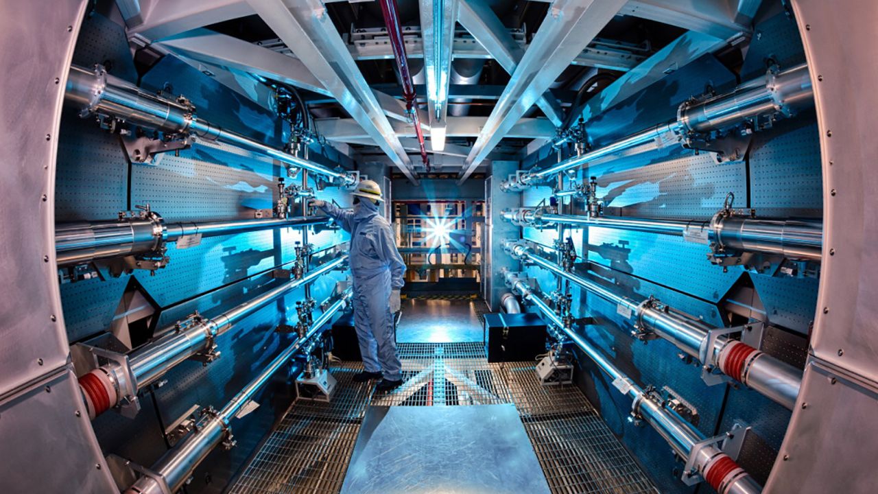 A technician is seen inside the preamplifier support structure of the National Ignition Facility at the Lawrence Livermore National Laboratory in California.