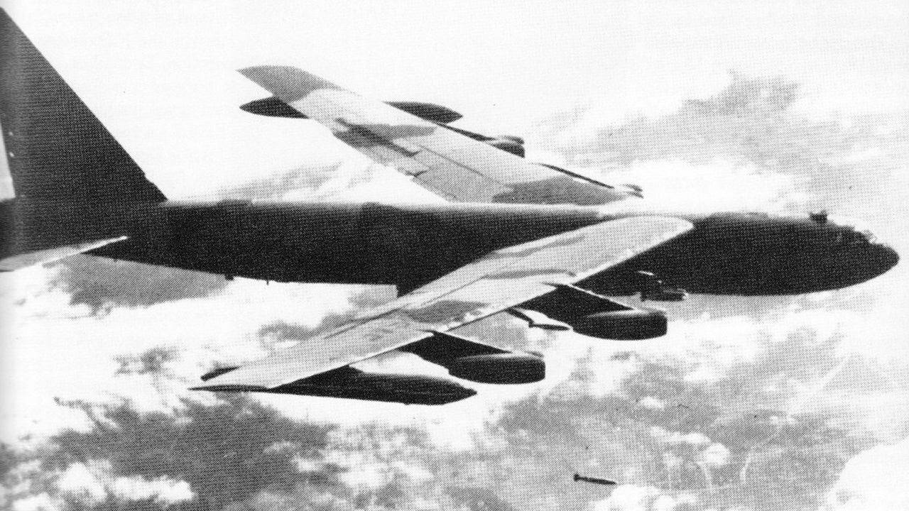 A US B-52 bomber flies over Southeast Asia during the Vietnam War.