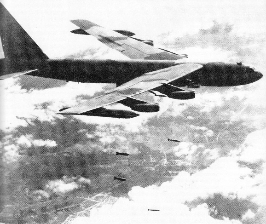 A US B-52 bomber flies over Southeast Asia during the Vietnam War.
