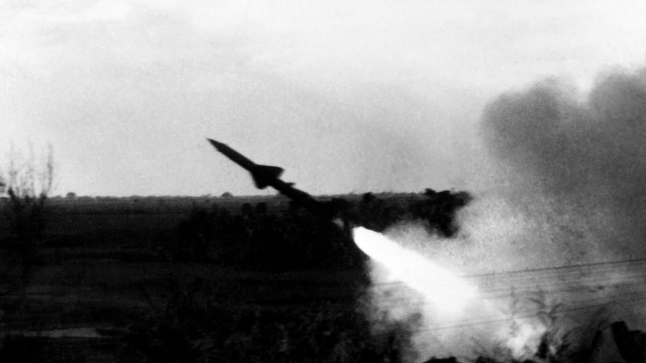 A picture released on December 19, 1972, of American B-52 air raids on Hanoi and North Vietnam shows a North Vietnamese antiaircraft missile.