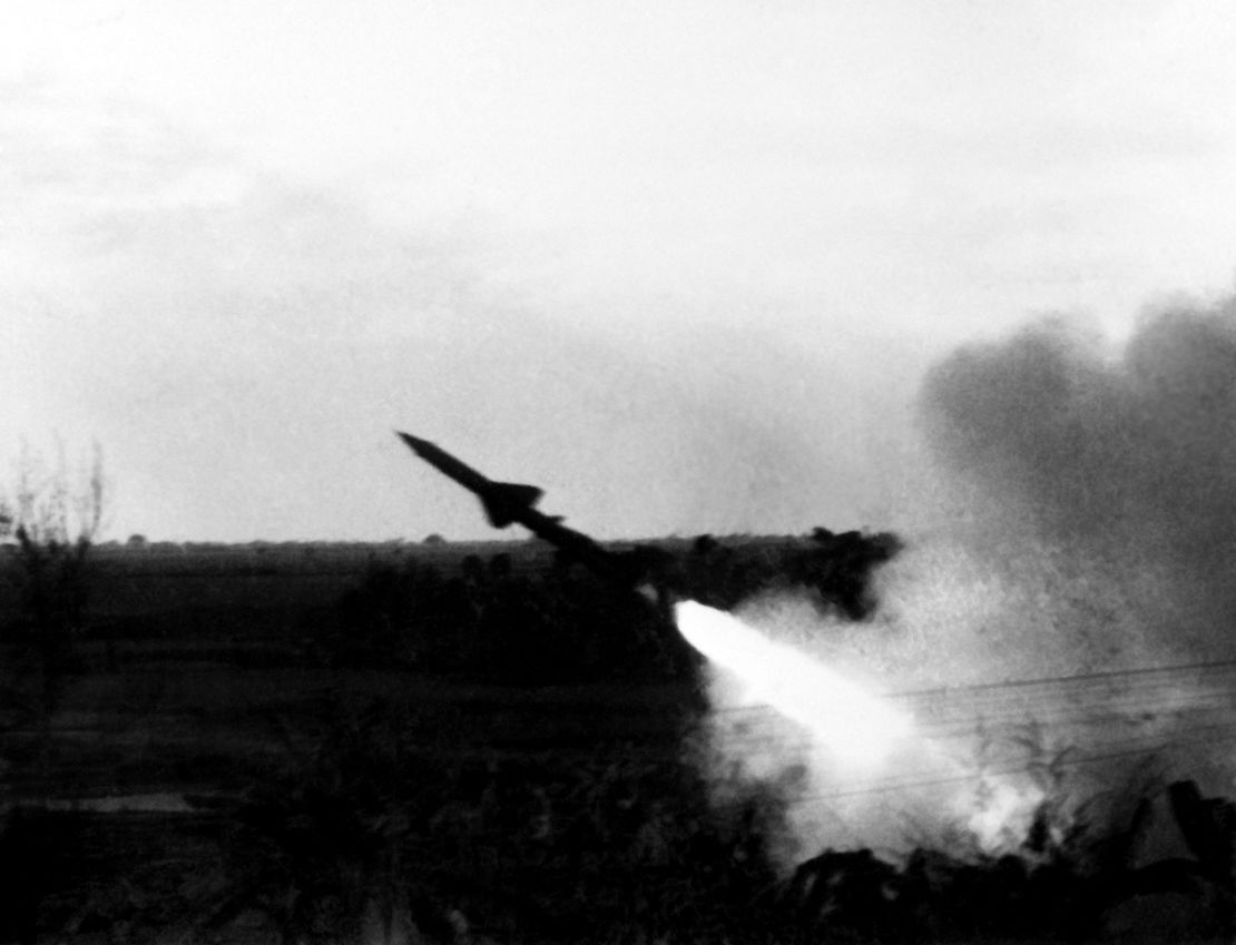 A picture released on December 19, 1972, of American B-52 air raids on Hanoi and North Vietnam shows a North Vietnamese antiaircraft missile.