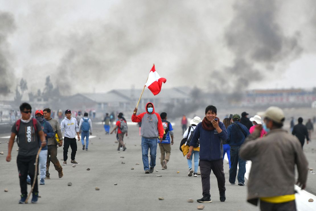 Protestors at the Alfredo Rodriguez Ballon international airport in Arequipa on Monday.