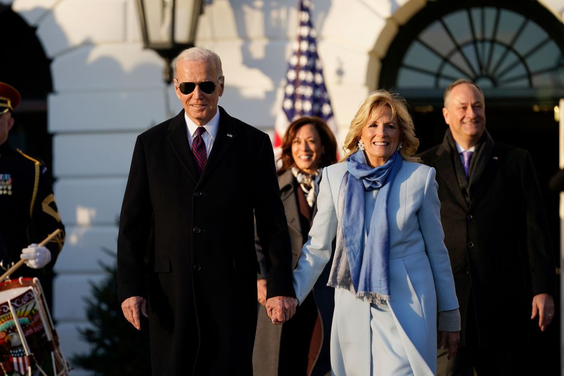 President Joe Biden and first lady Jill Biden arrive with Vice President Kamala Harris and second gentleman Doug Emhoff for a bill signing ceremony for the Respect for Marriage Act on Tuesday, December 13, 2022, on the South Lawn of the White House. 
