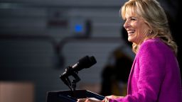 BOWIE, MD - NOVEMBER 07:  First Lady Jill Biden speaks at a campaign rally for Democratic gubernatorial candidate Wes Moore at Bowie State University on November 7, 2022 in Bowie, Maryland. Moore faces Republican state Rep. Dan Cox in tomorrow's general election.  