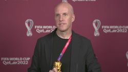 A screenshot taken from video provided by FIFA of journalist Grant Wahl at an awards ceremony in Doha, Qatar in Nov. 2022. Wahl, one of the most well-known soccer writers in the United States, died early Saturday Dec. 10, 2022 while covering the World Cup match between Argentina and the Netherlands. 