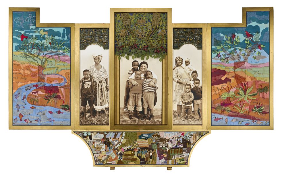 The final panels of the "Keiskamma Altarpiece" introduce a new medium: photography. Grandmothers and grandchildren were brought together for portraits, and the images embellished with wirework foliage.  